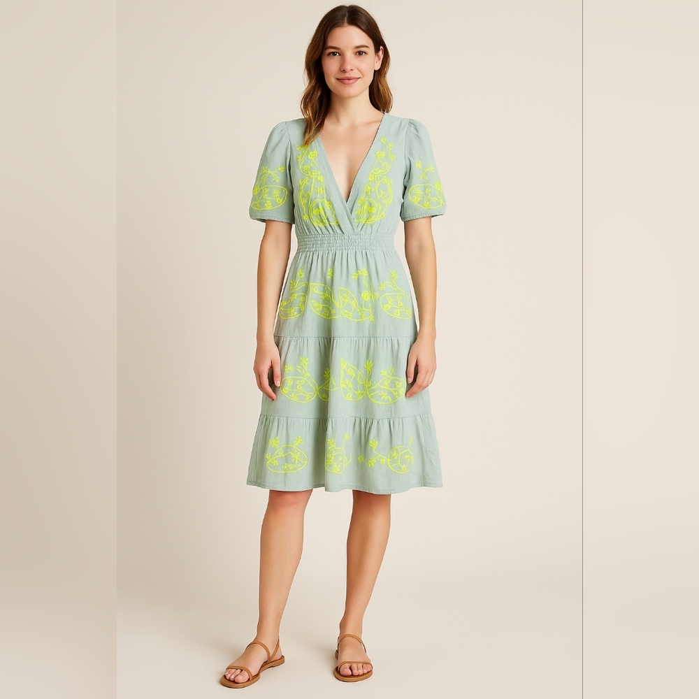 Anthropologie Light Blue Midi Dress with Yellow Embroidery